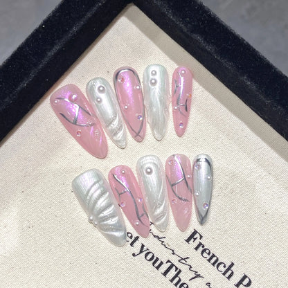 Handcrafted Blue Aurora Mermaid Press-On Nails - Detachable French Pearl Almond Nail Tips, Set of 10