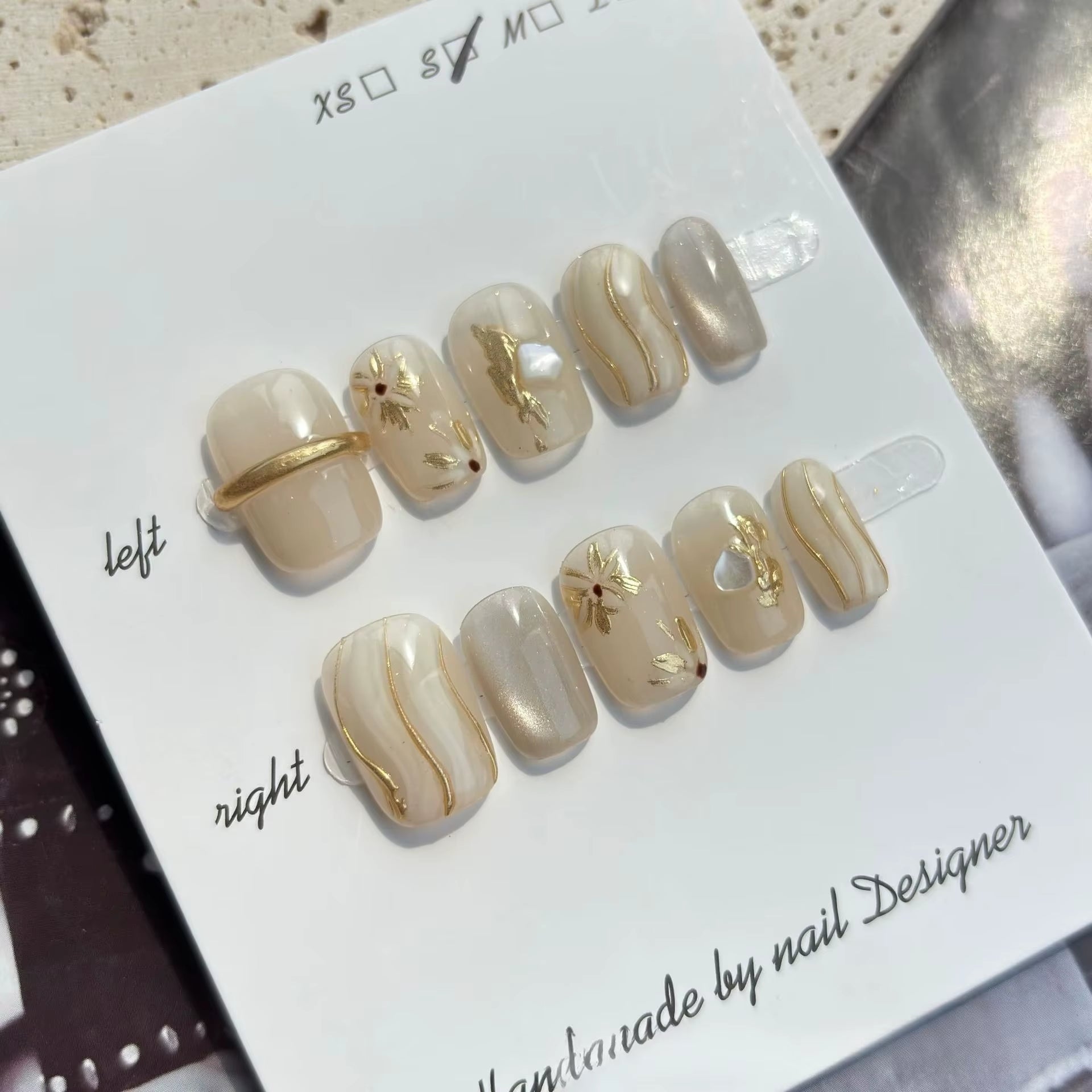 10-Piece Set of Handmade Short Square Full Cover Press-On Nails with Floral Cat Eye Design - Elegant and Wearable Manicure Tips
