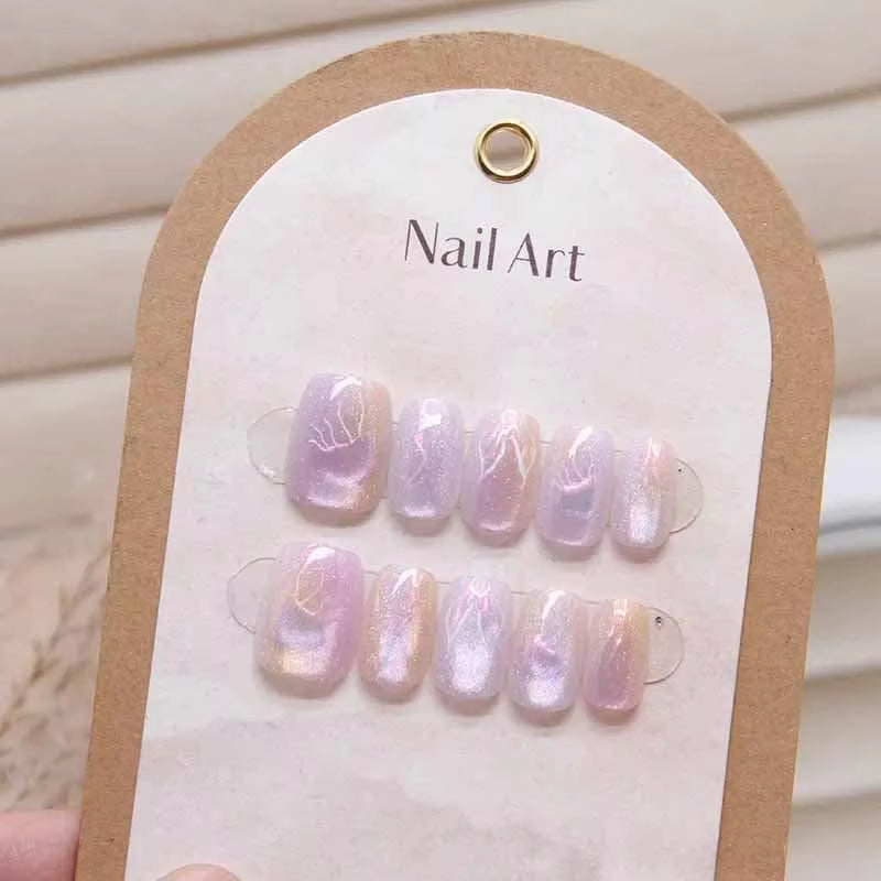 10-Piece Jellyfish Cat's Eye Square Press-On Nails for Women - Wearable and Detachable Nail Tips
