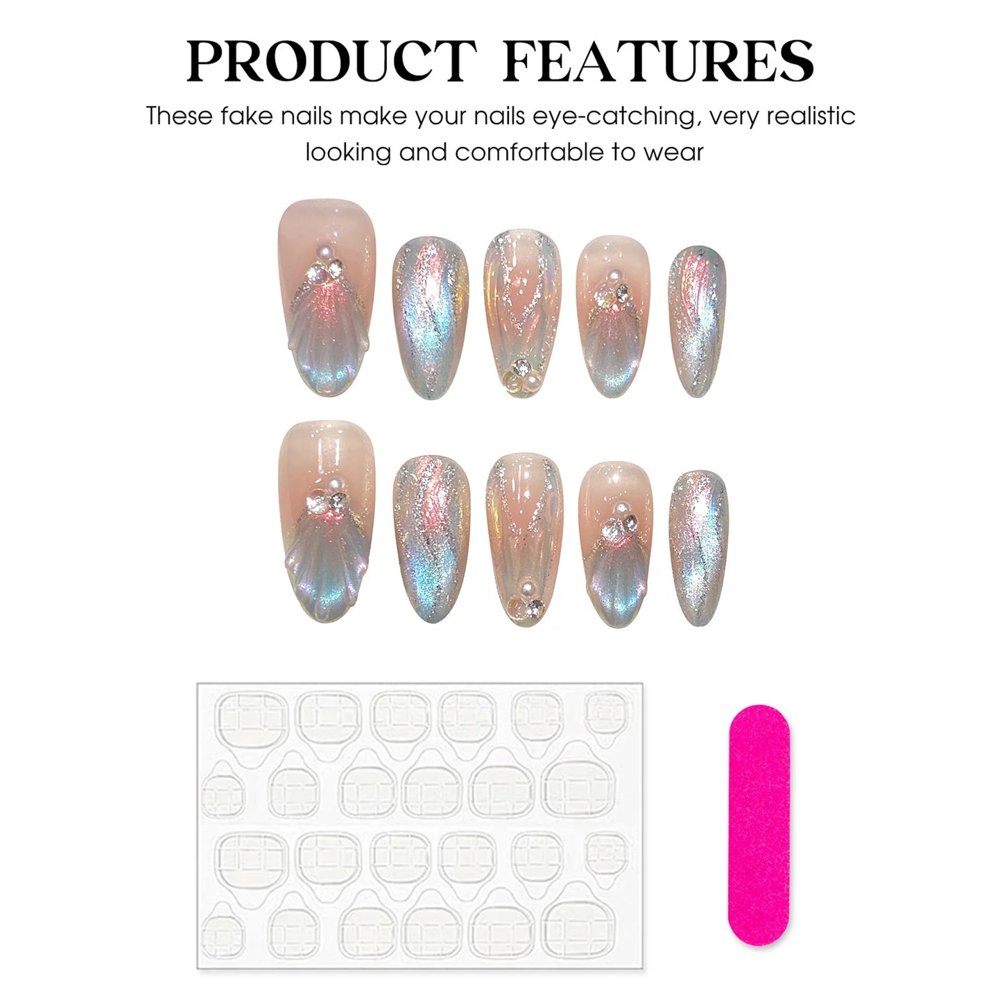 Handcrafted Blue Aurora Mermaid Press-On Nails - Detachable French Pearl Almond Nail Tips, Set of 10