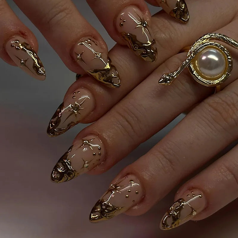 24-Piece Almond-Shaped French Press-On Nails with 3D Irregular Star Pattern – Manicure Essentials
