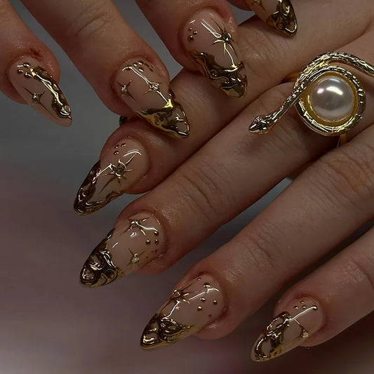 24-Piece Almond-Shaped French Press-On Nails with 3D Irregular Star Pattern – Manicure Essentials