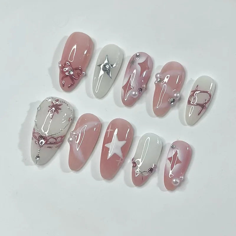 24-Piece Pink Almond Press-On Nails with Floral and Pearl Accents - Colorful Summer Collection for Women