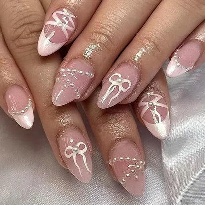 24-Piece Pink Almond Press-On Nails with Floral and Pearl Accents - Colorful Summer Collection for Women