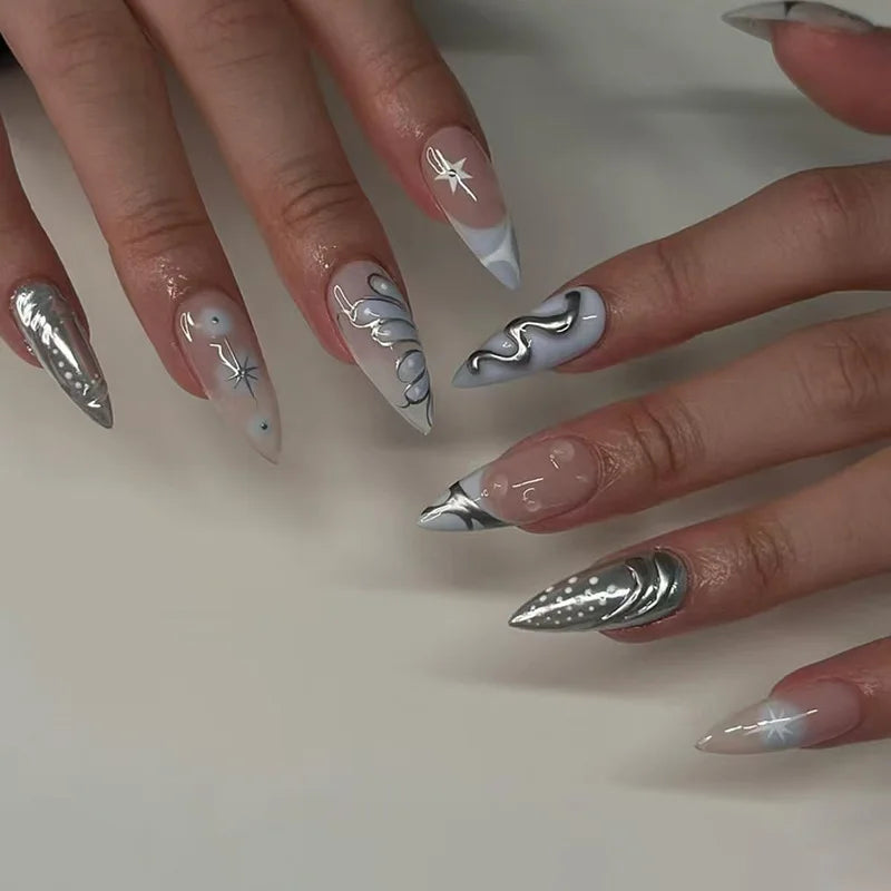 24-Piece Almond-Shaped French Press-On Nails with 3D Irregular Star Pattern – Manicure Essentials