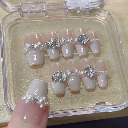 Luxury Handmade Press-On Nails Set - 10 Pcs Nude French Full Cover with Pearl and Diamond Design for Women and Girls