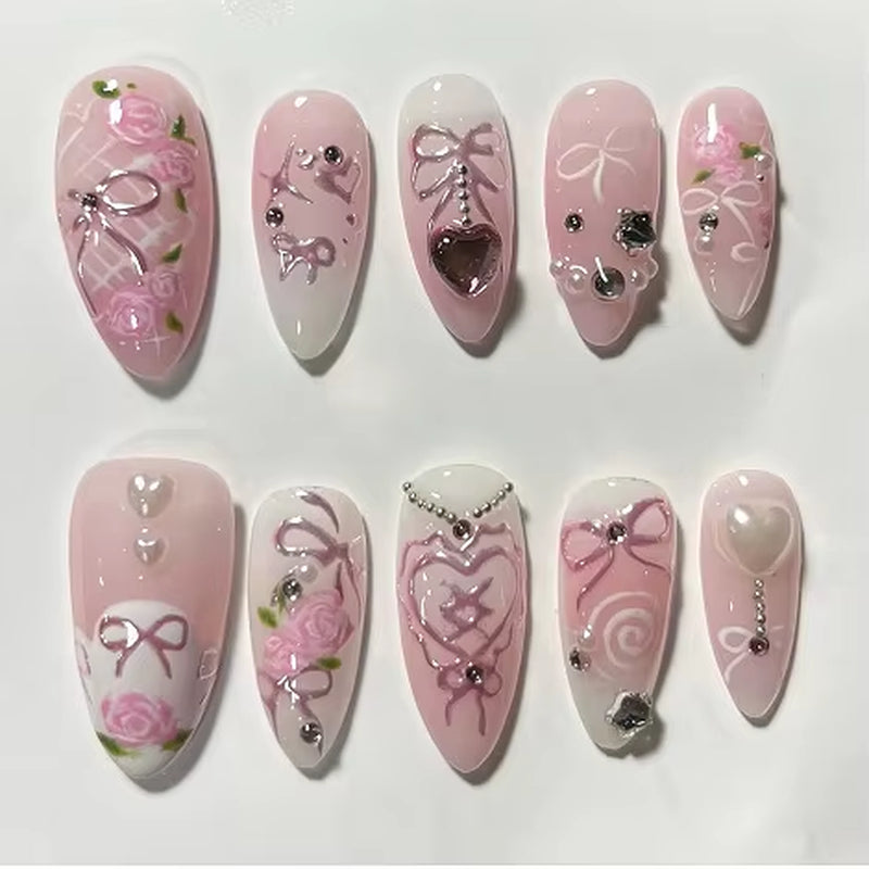 24-Piece Pink Almond Press-On Nails with Floral and Pearl Accents - Colorful Summer Collection for Women