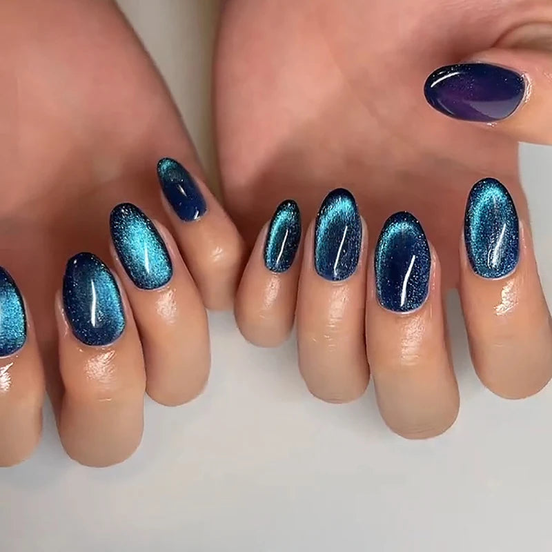 Blue Gradient Cat Eye Press-On Nails with Glitter Finish - Detachable Solid Color Fashionable False Nails with Adhesive