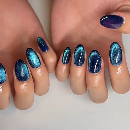 Blue Gradient Cat Eye Press-On Nails with Glitter Finish - Detachable Solid Color Fashionable False Nails with Adhesive