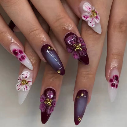 24-Piece Pink Almond Press-On Nails with Floral and Pearl Accents - Colorful Summer Collection for Women