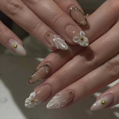 24-Piece Pink Almond Press-On Nails with Floral and Pearl Accents - Colorful Summer Collection for Women