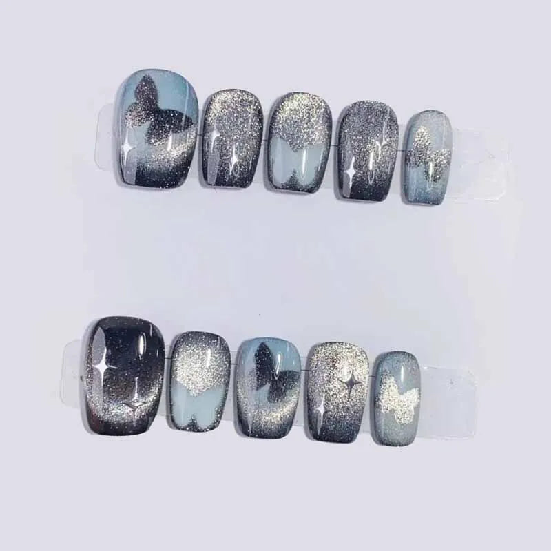 High-End Handmade Cat Eye Press-On Nails Set for Women - 10 Pieces, Short Style with Nail Art Stickers