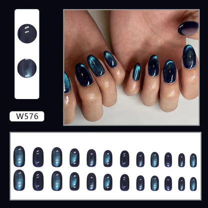 Blue Gradient Cat Eye Press-On Nails with Glitter Finish - Detachable Solid Color Fashionable False Nails with Adhesive