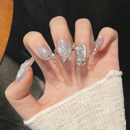 10-Piece Handmade Cat Eye Press-On Nails - French Coffin Acrylic Design with Dreamy Mermaid Pearl Finish - Romantic Sweet Nail Art