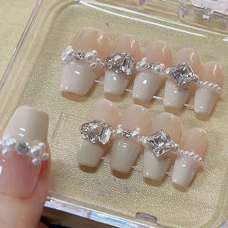 Luxury Handmade Press-On Nails Set - 10 Pcs Nude French Full Cover with Pearl and Diamond Design for Women and Girls
