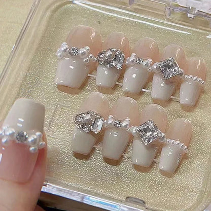 Luxury Handmade Press-On Nails Set - 10 Pcs Nude French Full Cover with Pearl and Diamond Design for Women and Girls
