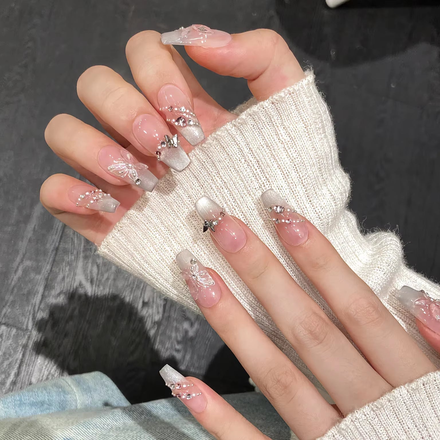 10-Piece Set of Handmade French Ballerina Press-On Nails with Pink Cat Eye Finish - Full Cover Stick-On False Nails