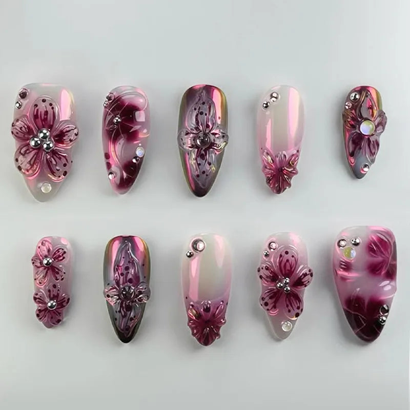 24-Piece Pink Almond Press-On Nails with Floral and Pearl Accents - Colorful Summer Collection for Women
