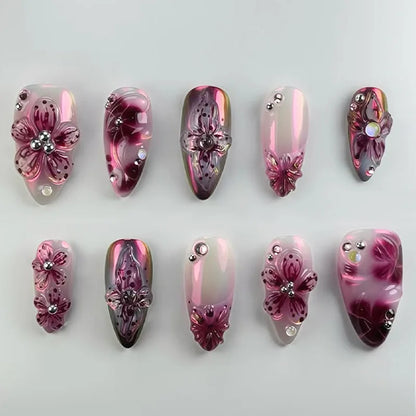 24-Piece Pink Almond Press-On Nails with Floral and Pearl Accents - Colorful Summer Collection for Women