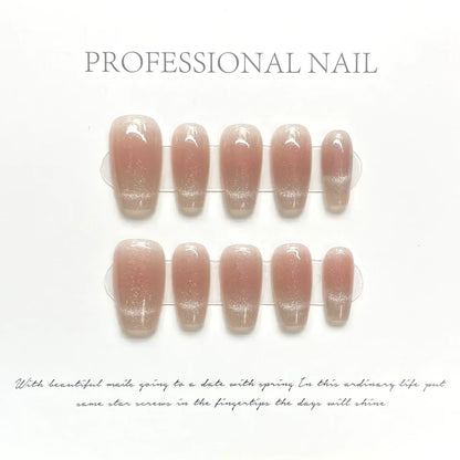 10-Piece Handmade Cat Eye Press-On Nails with Gradient Design - Full Cover French Ballerina Artificial Nail Tips