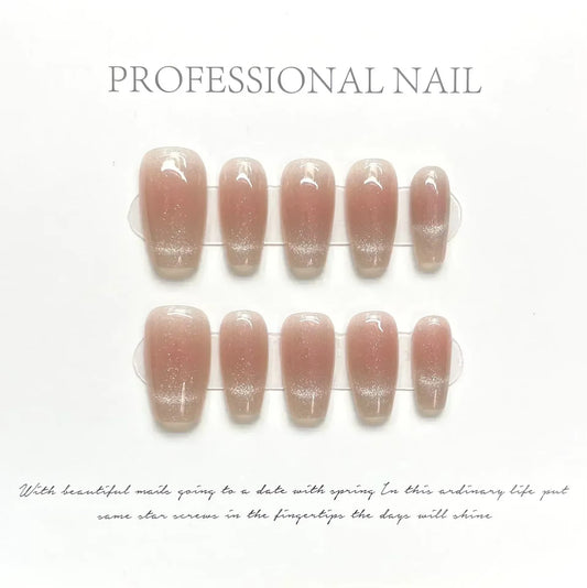 10-Piece Handmade Cat Eye Press-On Nails with Gradient Design - Full Cover French Ballerina Artificial Nail Tips