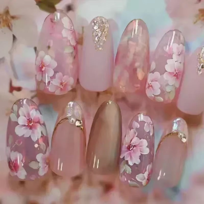 24-Piece Pink Almond Press-On Nails with Floral and Pearl Accents - Colorful Summer Collection for Women