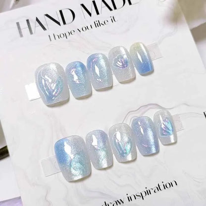 10-Piece Jellyfish Cat's Eye Square Press-On Nails for Women - Wearable and Detachable Nail Tips