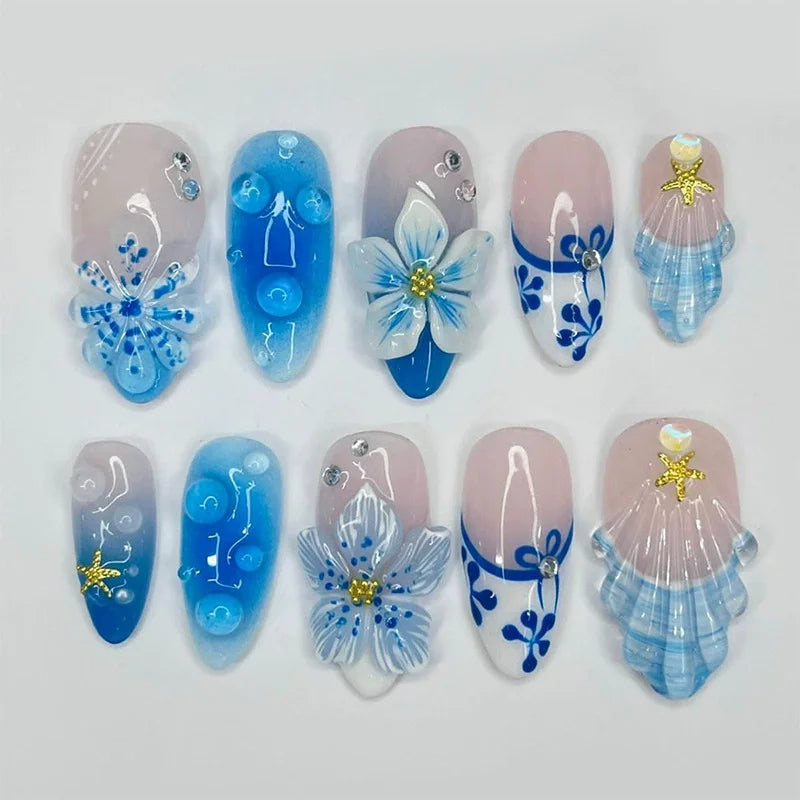 24-Piece Pink Almond Press-On Nails with Floral and Pearl Accents - Colorful Summer Collection for Women