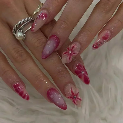24-Piece Pink Almond Press-On Nails with Floral and Pearl Accents - Colorful Summer Collection for Women