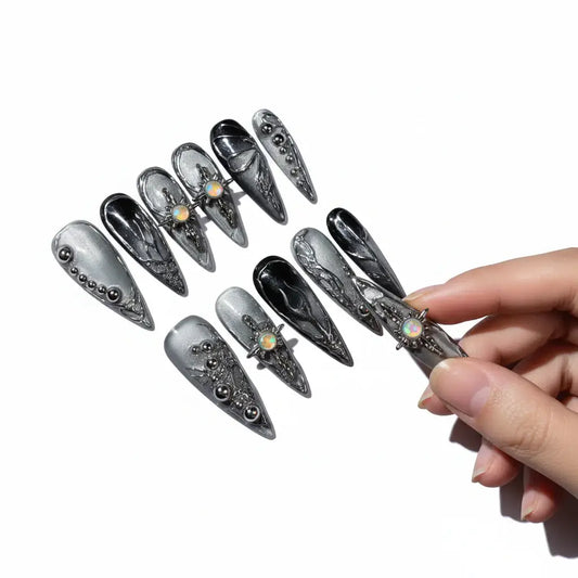 Handcrafted Metallic Silver Press-On Nail Set - 10 Pieces