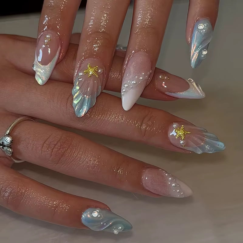 24-Piece Pink Almond Press-On Nails with Floral and Pearl Accents - Colorful Summer Collection for Women