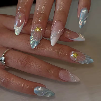 24-Piece Pink Almond Press-On Nails with Floral and Pearl Accents - Colorful Summer Collection for Women