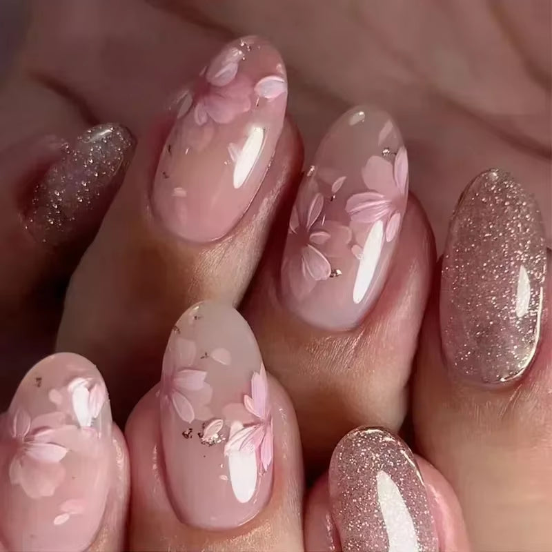 24-Piece Pink Almond Press-On Nails with Floral and Pearl Accents - Colorful Summer Collection for Women