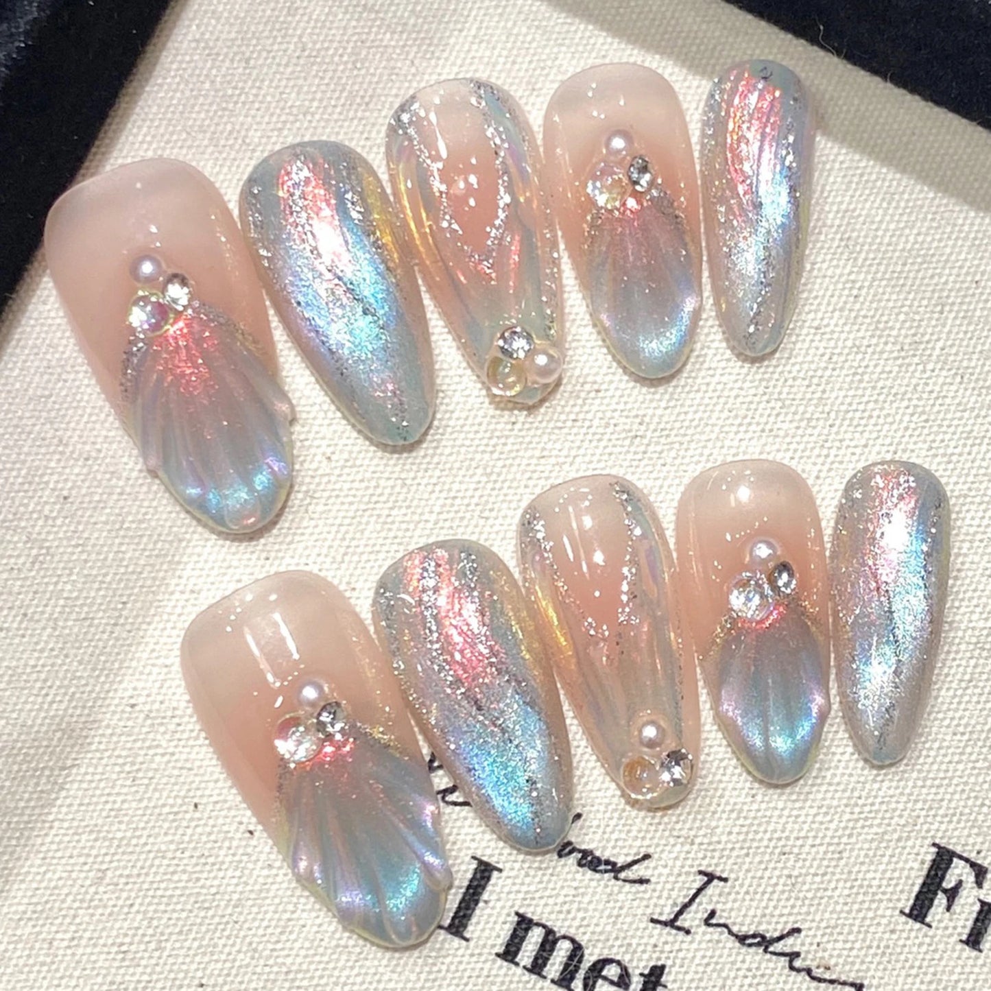Handcrafted Blue Aurora Mermaid Press-On Nails - Detachable French Pearl Almond Nail Tips, Set of 10