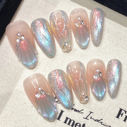 Handcrafted Blue Aurora Mermaid Press-On Nails - Detachable French Pearl Almond Nail Tips, Set of 10