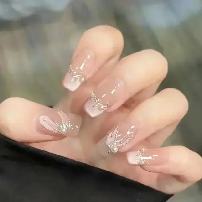 10-Piece Handmade Cat Eye Press-On Nails - French Coffin Acrylic Design with Dreamy Mermaid Pearl Finish - Romantic Sweet Nail Art