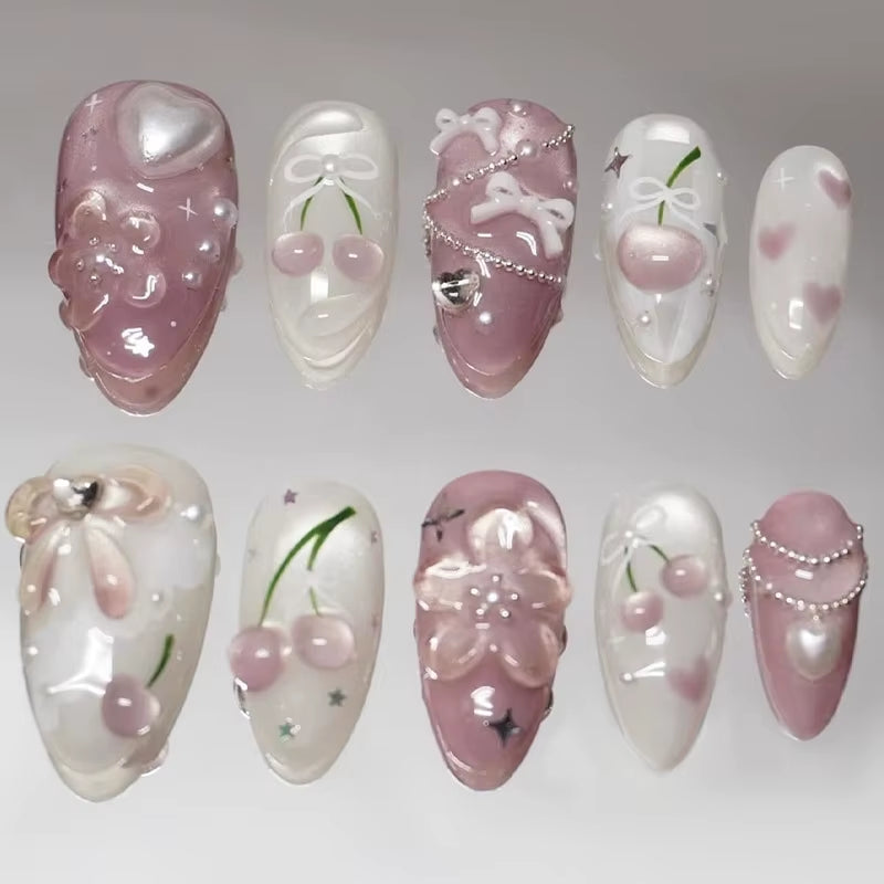 24-Piece Pink Almond Press-On Nails with Floral and Pearl Accents - Colorful Summer Collection for Women