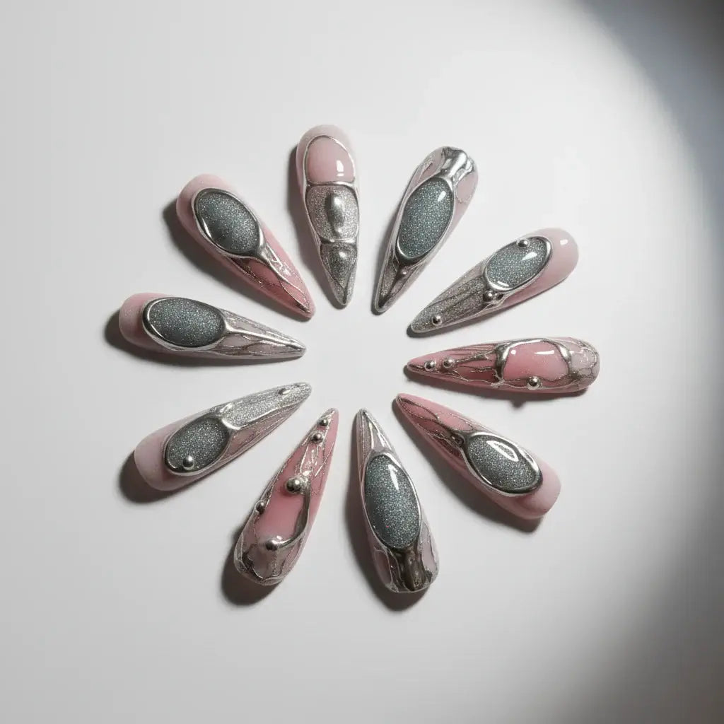 Handcrafted Metallic Silver Press-On Nail Set - 10 Pieces