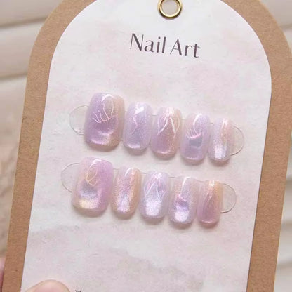 10-Piece Jellyfish Cat's Eye Square Press-On Nails for Women - Wearable and Detachable Nail Tips