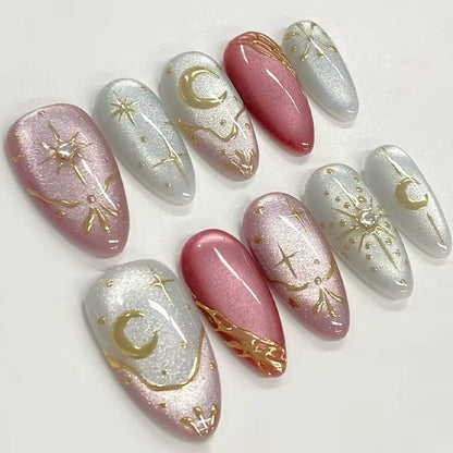 24-Piece Pink Almond Press-On Nails with Floral and Pearl Accents - Colorful Summer Collection for Women