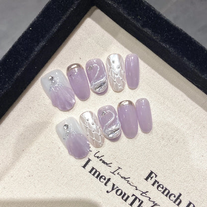 Handcrafted Blue Aurora Mermaid Press-On Nails - Detachable French Pearl Almond Nail Tips, Set of 10