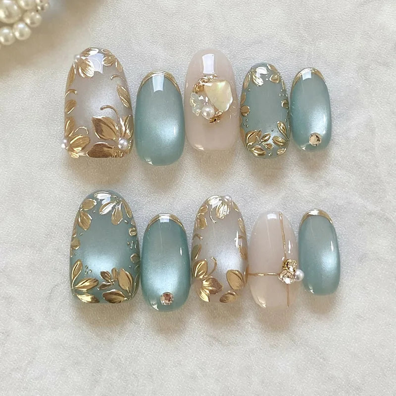 24-Piece Pink Almond Press-On Nails with Floral and Pearl Accents - Colorful Summer Collection for Women