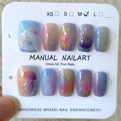 10-Piece Jellyfish Cat's Eye Square Press-On Nails for Women - Wearable and Detachable Nail Tips