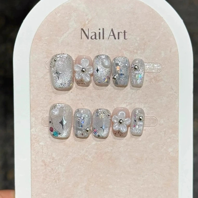 10-Piece Set of Handmade Short Square Full Cover Press-On Nails with Floral Cat Eye Design - Elegant and Wearable Manicure Tips