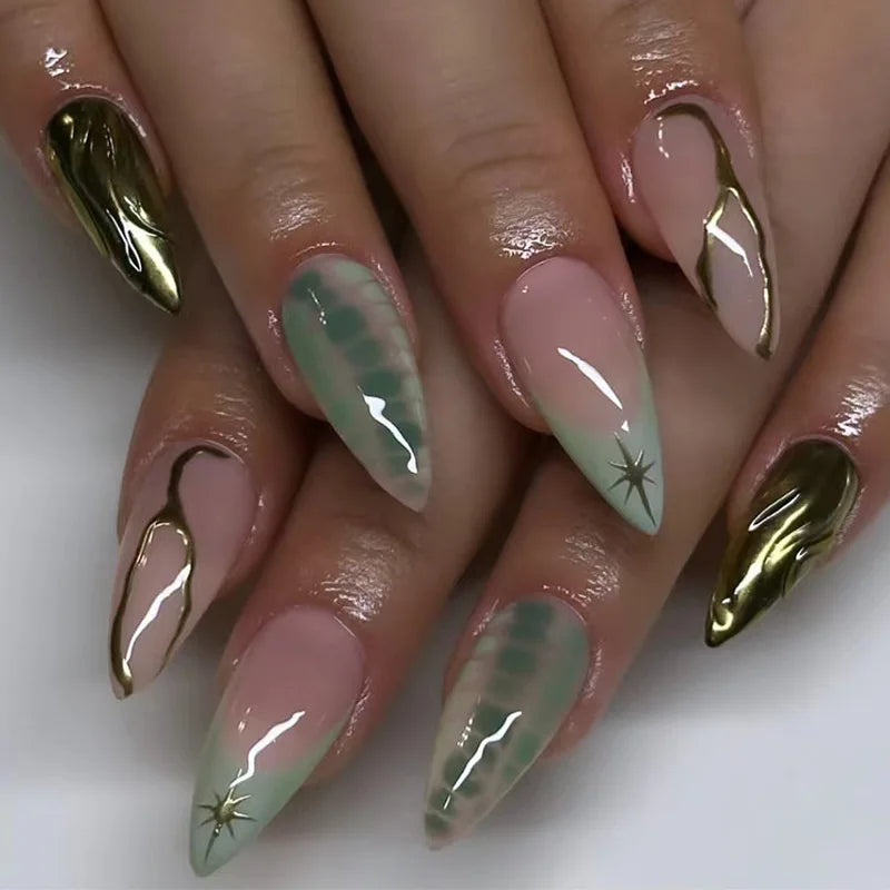 24-Piece Almond-Shaped French Press-On Nails with 3D Irregular Star Pattern – Manicure Essentials
