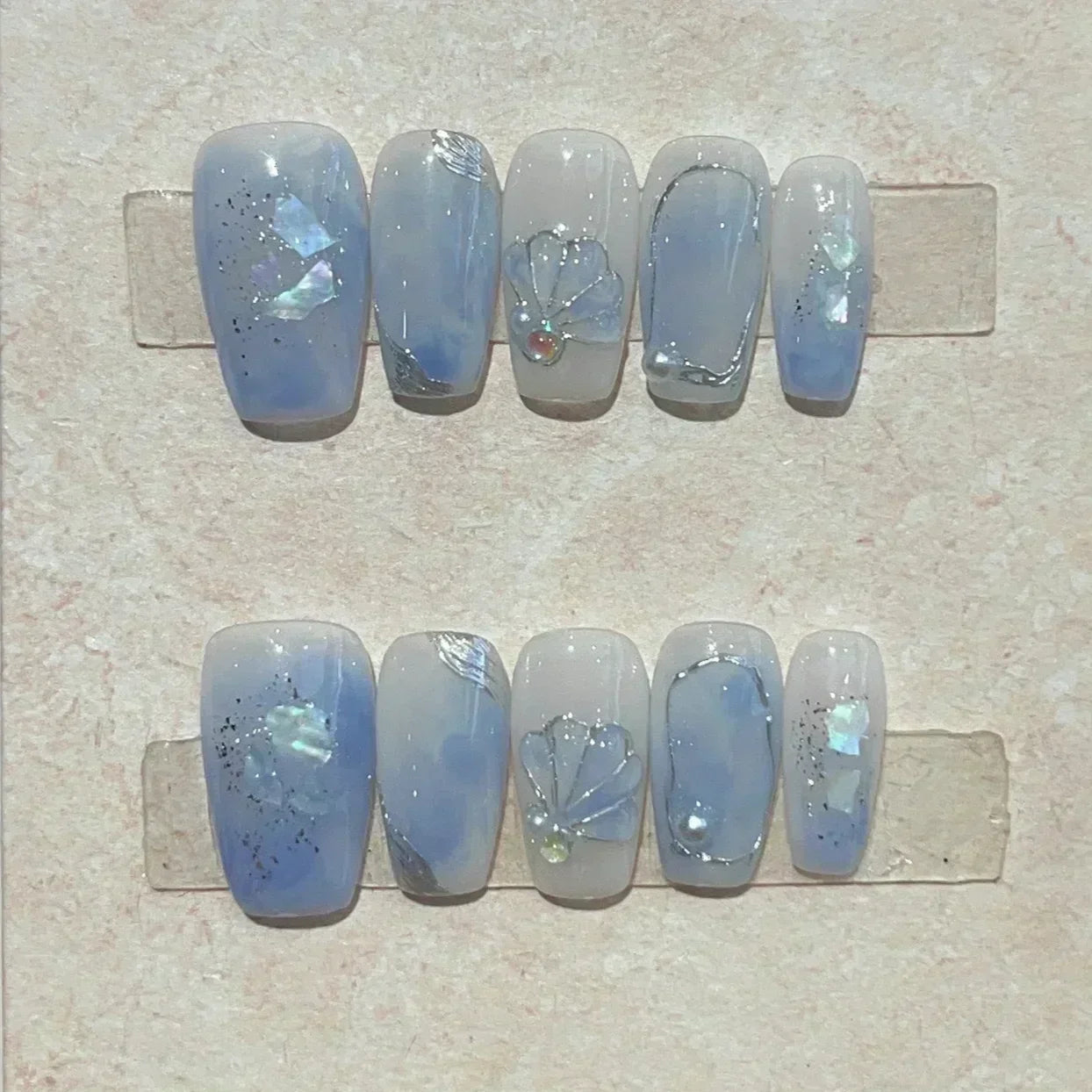 10-Piece Set of Handmade Short Square Full Cover Press-On Nails with Floral Cat Eye Design - Elegant and Wearable Manicure Tips
