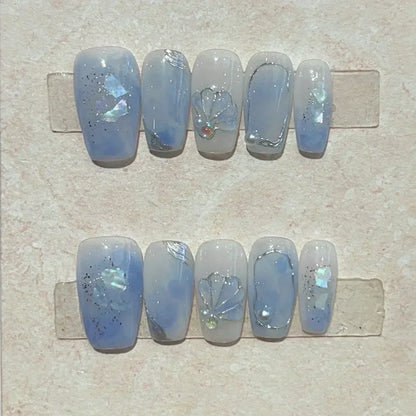 10-Piece Set of Handmade Short Square Full Cover Press-On Nails with Floral Cat Eye Design - Elegant and Wearable Manicure Tips