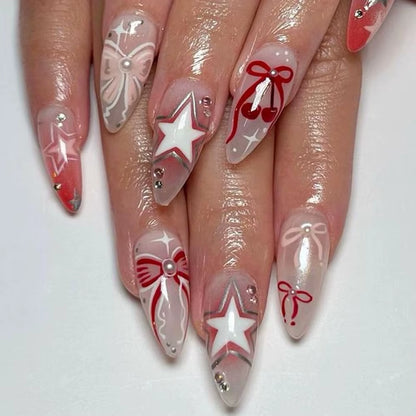 24-Piece Pink Almond Press-On Nails with Floral and Pearl Accents - Colorful Summer Collection for Women