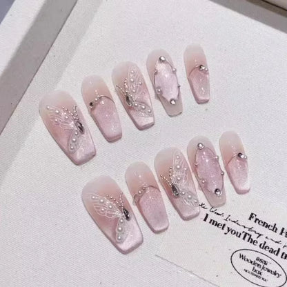 10-Piece Set of Handmade French Ballerina Press-On Nails with Pink Cat Eye Finish - Full Cover Stick-On False Nails