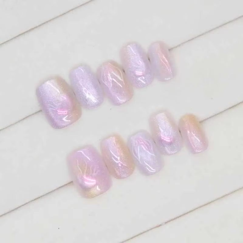 10-Piece Jellyfish Cat's Eye Square Press-On Nails for Women - Wearable and Detachable Nail Tips